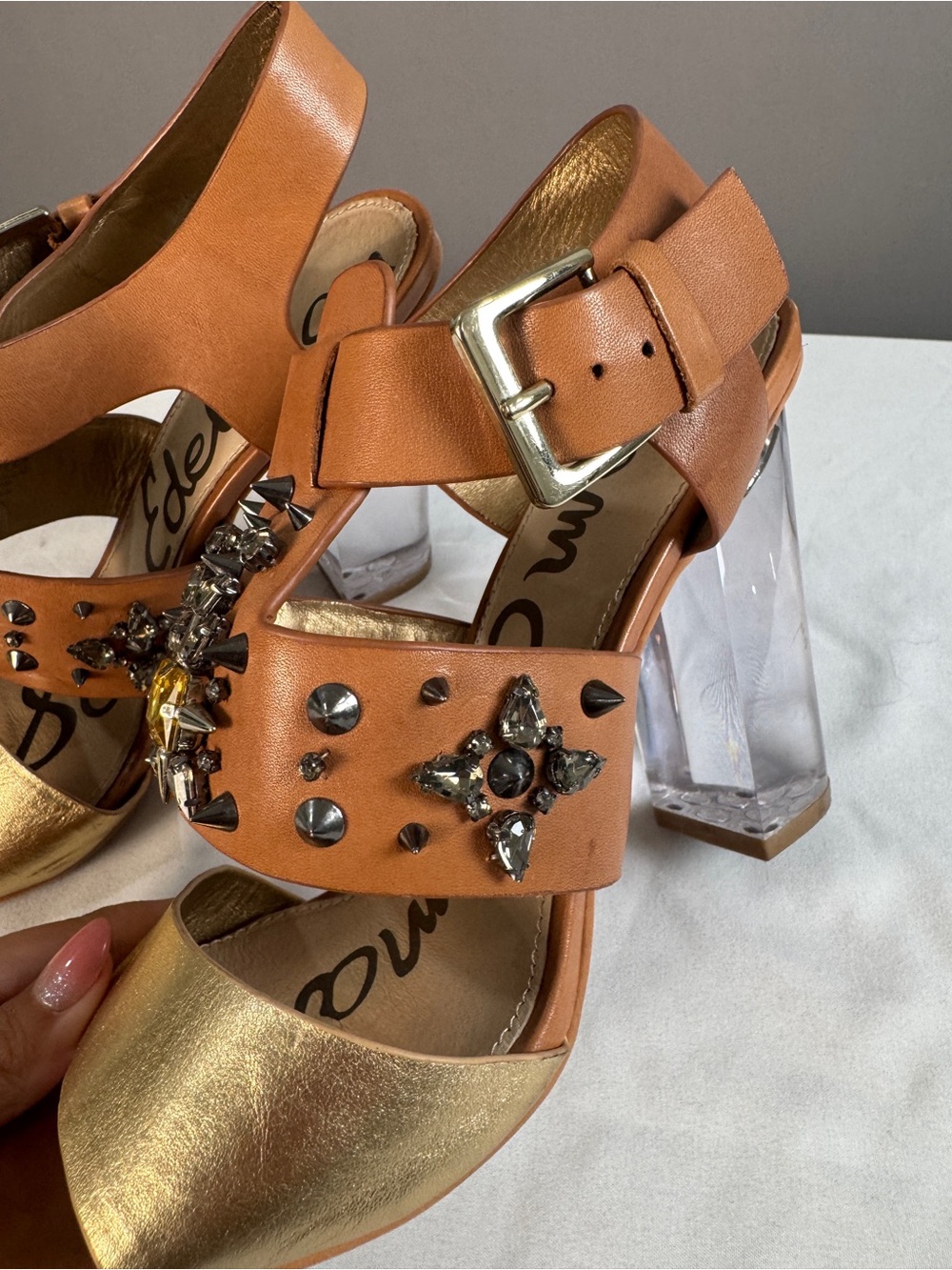 Sam Edelman Tan and Gold Block Heel Sandals with Jeweled Accents - Picture 2 of 7